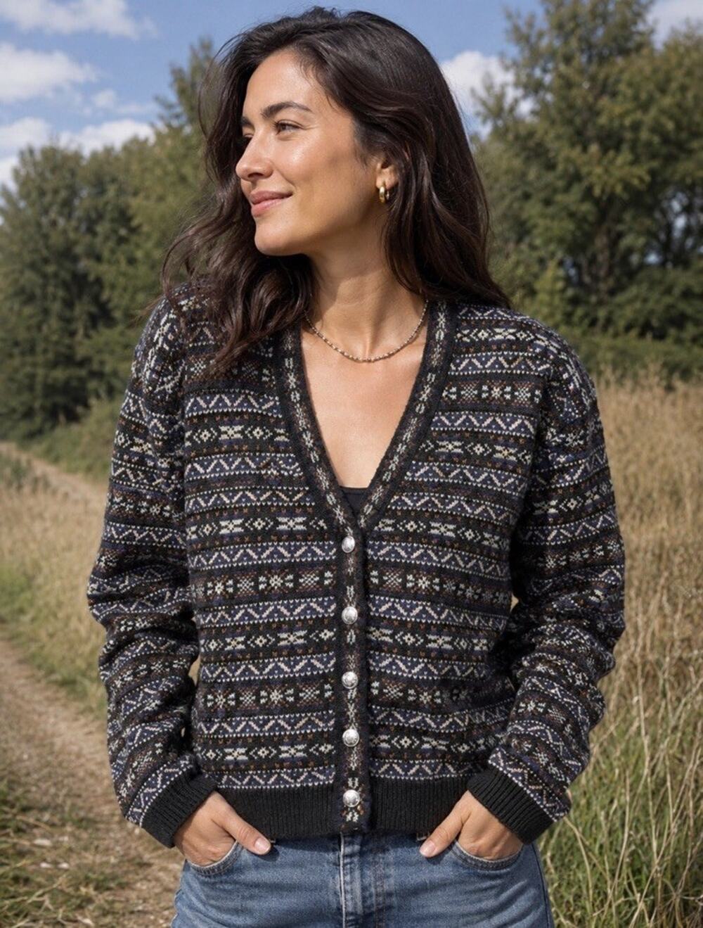 VTG Brass Plum Nordstrom 100% Shetland Wool Cardigan Womens Sz L Fair Isle Cabin